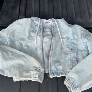 Light Blue Cropped Kids Hooded Denim Jacket